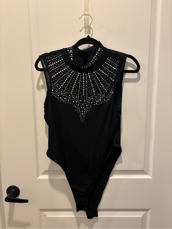 SHEIN Tops - SHEIN Black Sleeveless Rhinestone-Embellished Bodysuit